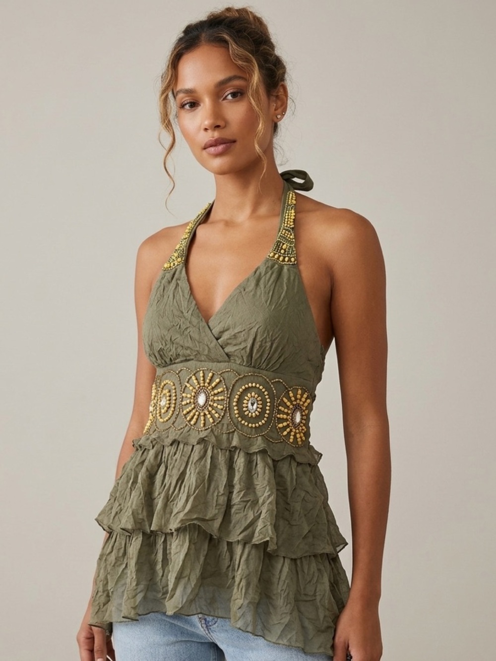 Y2K Beaded Boho Embellished Olive Halter Babydoll Top Ruffle Tank Size Large